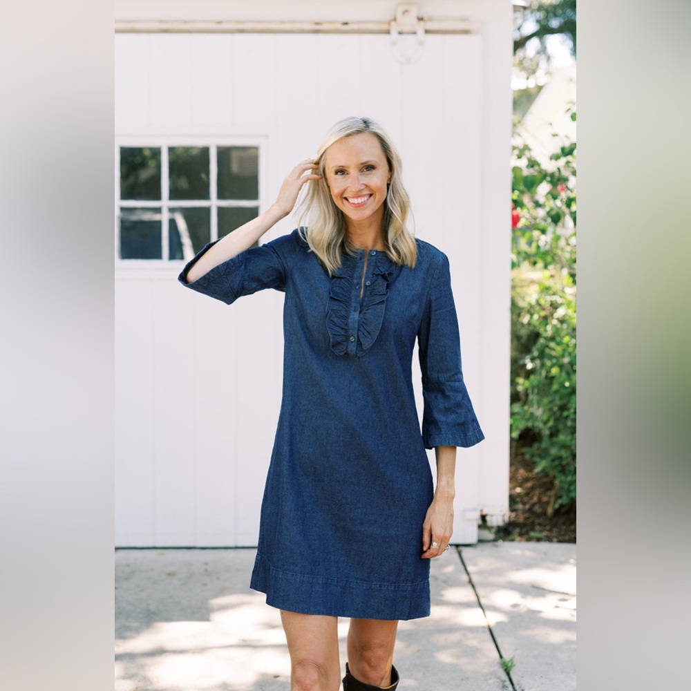 Draper James Chambray Ruffle 100% Cotton Shift Dress Deep Indigo